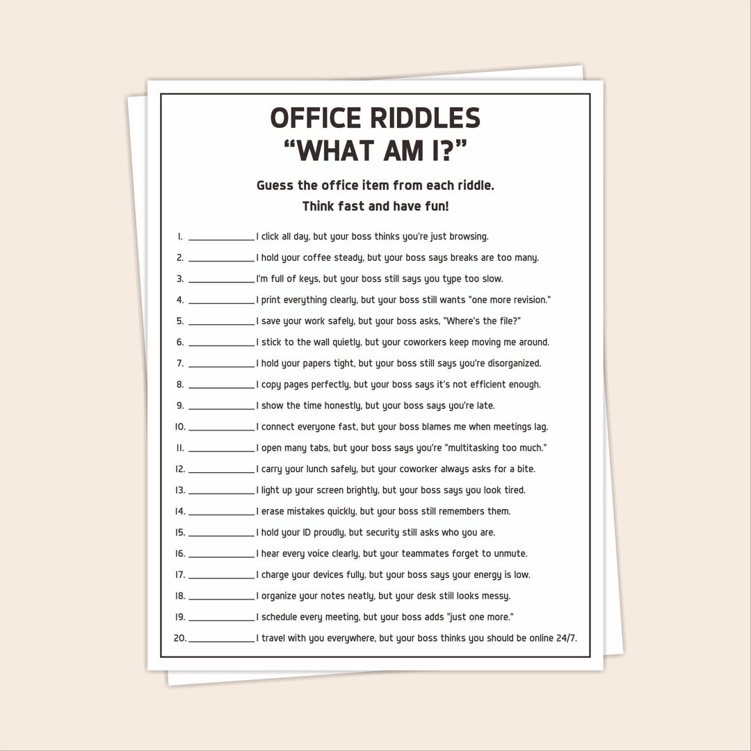 Workplace Riddles Printer Office Riddles Game, Team Building Icebreaker, Workplace Party Activity ...