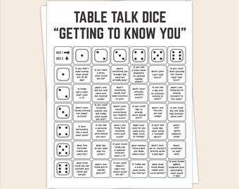 May include: A white paper game sheet titled TABLE TALK DICE GETTING TO KNOW YOU. It features a grid with dice icons representing numbers one through six on the top and left sides, with conversation prompts in each square for social interaction.