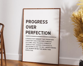 Progress Over Perfection Print, Minimalist Office Wall Art, Digital Download