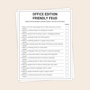 Pode incluir: Uma folha de jogo em papel branco intitulada OFFICE EDITION FRIENDLY FEUD com quinze perguntas numeradas sobre cenários de trabalho. Cada pergunta inclui uma linha em branco para uma resposta e uma caixa quadrada para pontos.