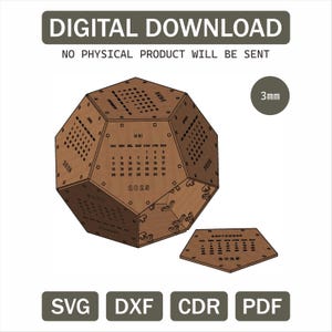 2025 bureaukalender, dodecaëder, gegraveerd hout, lasergesneden bestanden, 3D-vijfhoek, triplex