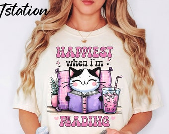 Happiest When I'm Reading Cat and Book Shirt | Cat Mom, Book Lover Gift