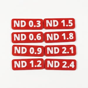 Może przedstawiać: Osiem czerwonych prostokątnych etykiet z białym tekstem. Każda etykieta zawiera litery "ND" po których następuje liczba. Liczby wahają się od 0,3 do 2,4. Etykiety są ułożone w dwóch kolumnach po cztery.