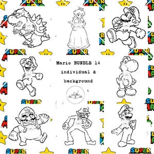 May include: Black and white line art illustrations of various Mario characters, including Mario, Princess Peach, Bowser, and Yoshi. The text "Mario BUNDLE 14" is displayed, along with the words "individual & background". The background features stars and the word "SUPER".