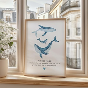Digitaler Download Walfamilie, Kinderzimmer Dekor, neues Baby, individuelle Druck, Baby Name Kunst, Wal Wandkunst, Familie
