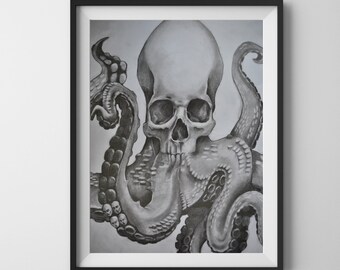 Octoskull Bleistiftzeichnung. Wandkunst. Zeichnung. Kraken Zeichnung. Dunkle Kunst. Dunkle Wandkunst. Bleistiftkunstarbeit. Bleistiftkunst. Dunkle Zeichnung.