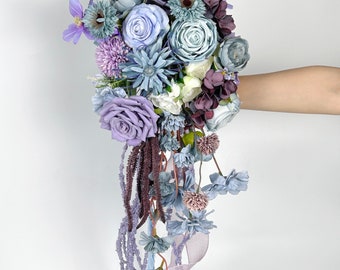 Cascading Wedding Bouquet, Rose Wedding Bouquet, Purple Bridal Bouquet, Blue Wedding Bouquet, Handmade Bouquet, Real Touch Roses