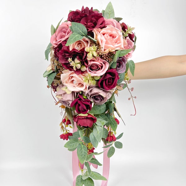 Burgundy Wedding Bouquet, Rose Cascading Bouquet, Red Bridal Bouquet, Rustic Bridal Bouquet, Handmade Bouquet, Burgundy Rose Flowers