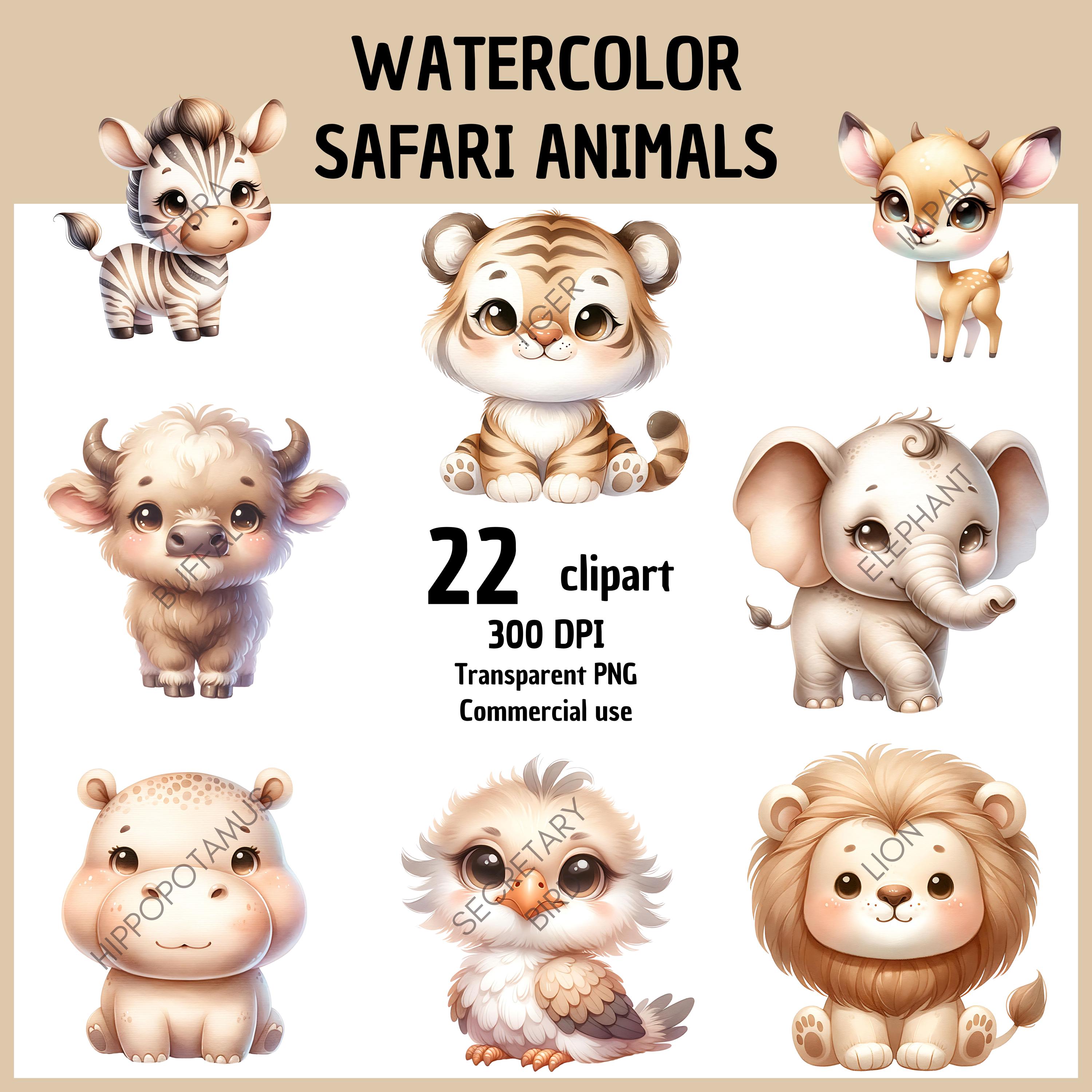 Watercolor Safari Animals Clipart PNG, Safari Animals Clipart Printable ...