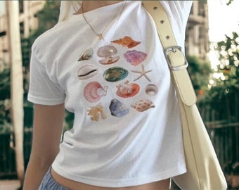 T-shirt bébé coquillage | Haut court collage esthétique coquillage vintage | Haut chic à manches courtes | T-shirt haut de l'an 2000 Harajuku | Vêtements pour femmes