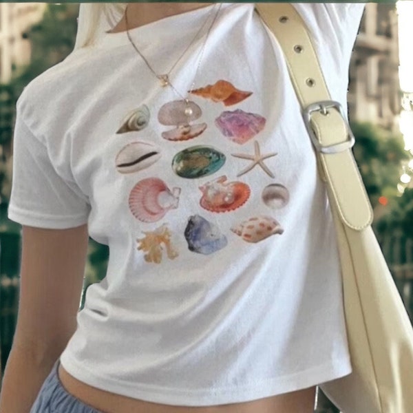 T-shirt bébé coquillage | Haut court collage esthétique coquillage vintage | Haut chic à manches courtes | T-shirt haut de l'an 2000 Harajuku | Vêtements pour femmes