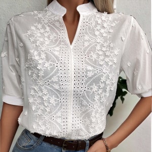 Summer Floral Pattern Blouse Fashion Women V Neck Casual Shirt Chic Short Sleeve Hollow Out Top Elegant Chic Women's Clothing image 5