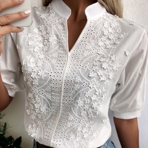 Summer Floral Pattern Blouse Fashion Women V Neck Casual Shirt Chic Short Sleeve Hollow Out Top Elegant Chic Women's Clothing image 4