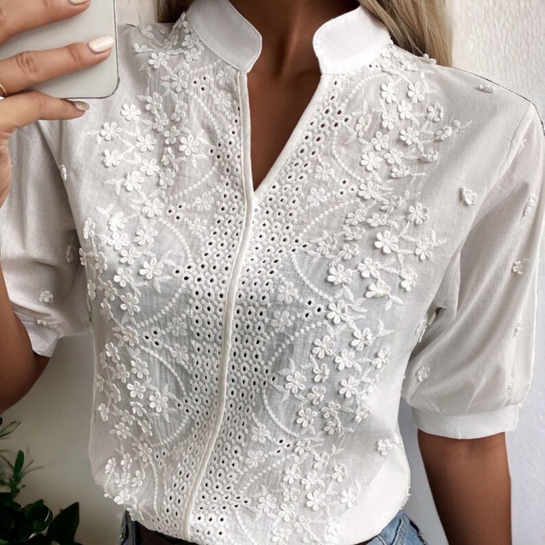 Summer Floral Pattern Blouse Fashion Women V Neck Casual Shirt Chic Short Sleeve Hollow Out Top Elegant Chic Women's Clothing zdjęcie 4