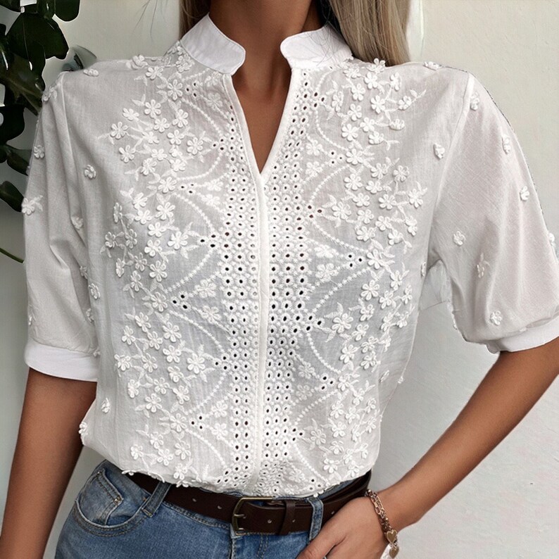 Blusa con estampado floral de verano / Camisa casual con cuello en V para mujer a la moda / Top ahuecado de manga corta elegante / Ropa de mujer elegante y elegante imagen 8