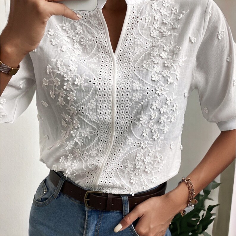 Summer Floral Pattern Blouse Fashion Women V Neck Casual Shirt Chic Short Sleeve Hollow Out Top Elegant Chic Women's Clothing zdjęcie 2