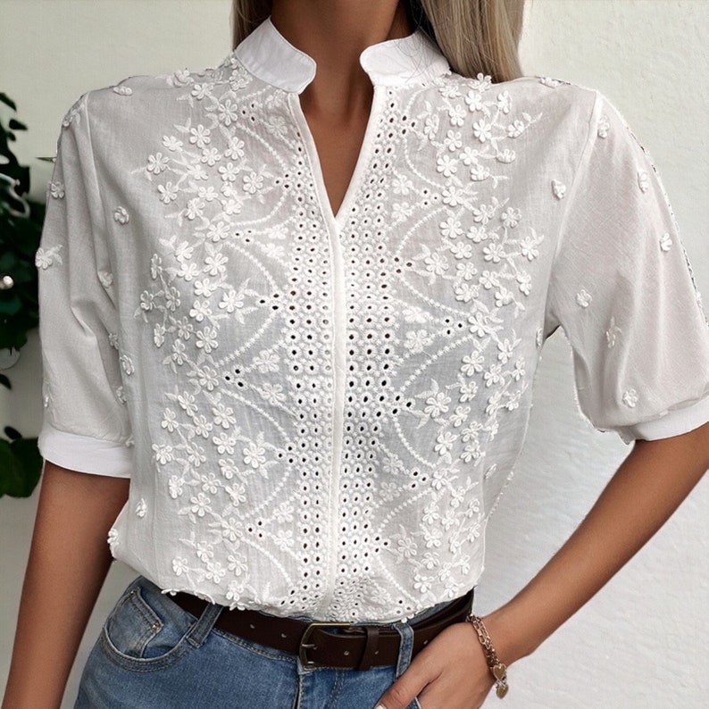 Summer Floral Pattern Blouse Fashion Women V Neck Casual Shirt Chic Short Sleeve Hollow Out Top Elegant Chic Women's Clothing image 3