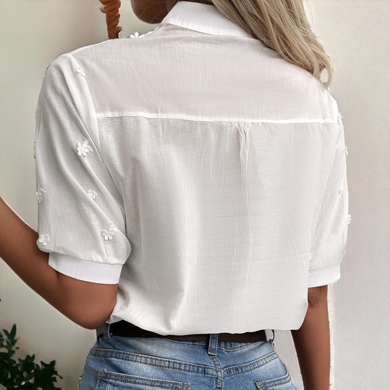 Summer Floral Pattern Blouse Fashion Women V Neck Casual Shirt Chic Short Sleeve Hollow Out Top Elegant Chic Women's Clothing image 9