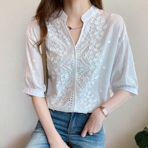 Summer Floral Pattern Blouse | Fashion Women V Neck Casual Shirt | Chic Short Sleeve Hollow Out Top | Elegant Chic Women's Clothing