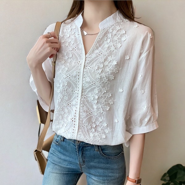 Summer Floral Pattern Blouse | Fashion Women V Neck Casual Shirt | Chic Short Sleeve Hollow Out Top | Elegant Chic Women's Clothing