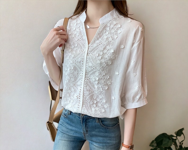 Summer Floral Pattern Blouse Fashion Women V Neck Casual Shirt Chic Short Sleeve Hollow Out Top Elegant Chic Women's Clothing image 1