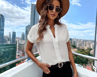 Summer Solid White Blouse | Women's Fashion Batwing V Neck Casual Shirt | Chic Short Sleeve Hollow Out Top | Elegant Chic Women's Clothing
