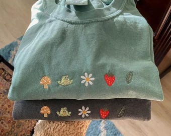 Sudadera bordada estilo cottagecore, camiseta bordada "Respeto a la fauna local", camiseta "Camping Granola Girl", camiseta "Setas"