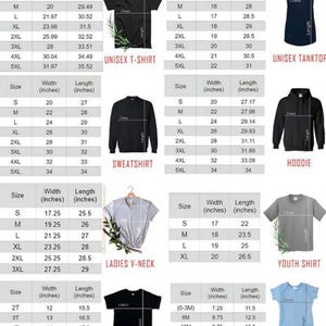 May include: A product size chart displays measurements for various apparel items, including t-shirts, sweatshirts, hoodies, and onesies. Sizes range from S to 5XL, with measurements in inches for width and length. The chart includes unisex, ladies, youth, and toddler sizes.