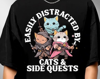 T-shirt facilement distrait par les chats et les quêtes secondaires, chemise de fan du DND, t-shirt graphique dragons, t-shirt Dungeon Master, cadeaux pour papa du DnD