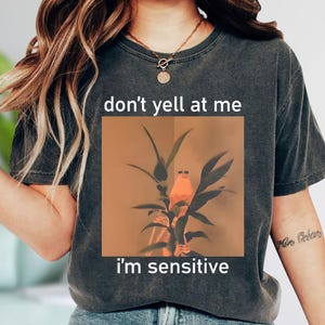 May include: Dark gray t-shirt with the text "don't yell at me" above a square image of a bird wearing sunglasses and the text "i'm sensitive" below. The shirt is a casual style.