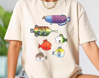 Colorful Wii Fish Shirt, Fishing Minigame Fish Graphic Hoodie, Nostalgic Video Game Play Fishing Sports Game Graphic Sweatshirt, Fishing Tee