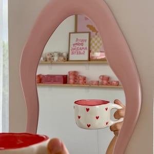Handmade Red Hearts Ceramic Mug - Hand-Painted Cute Coffee Cup - Unique Aesthetic Valentine&#39;s Pottery - Romantic Gift Idea For Couple