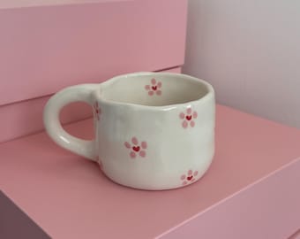 Handmade Ceramic Mug – Pink Flower Blossom Design, Coffee Cup
