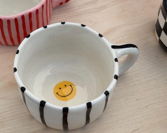 Hand-Painted Ceramic Coffee Mug: White with Black Stripes, Handmade Pottery