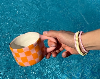Handmade Chequered Ceramic Mug: Pink & Orange Pottery Cup