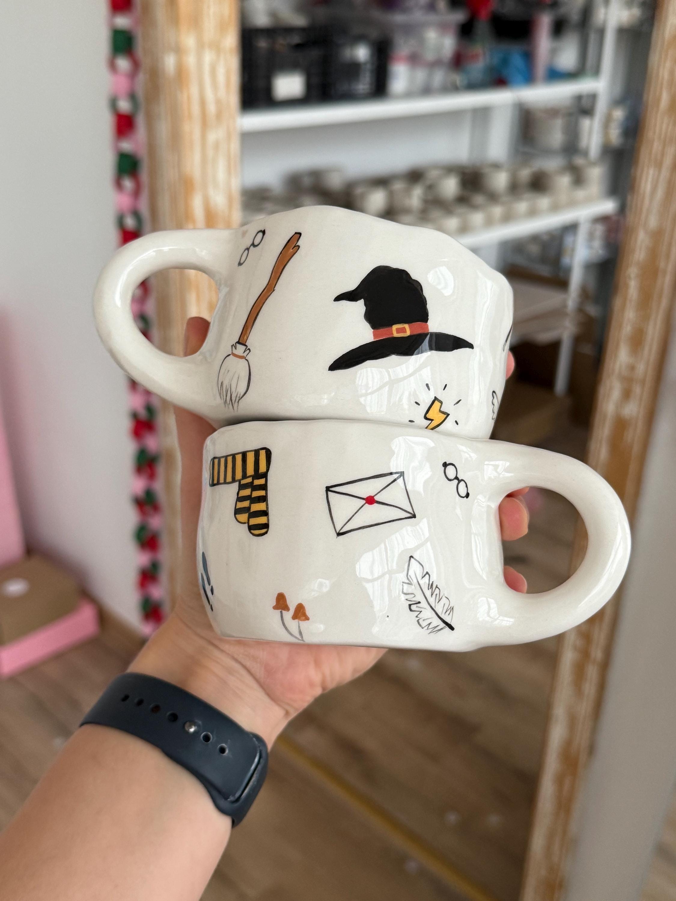 Handmade Wizard Mug - Magical Ceramic Cup with Witch Hat, Broom & Letter Design, Potter-Inspired Gift