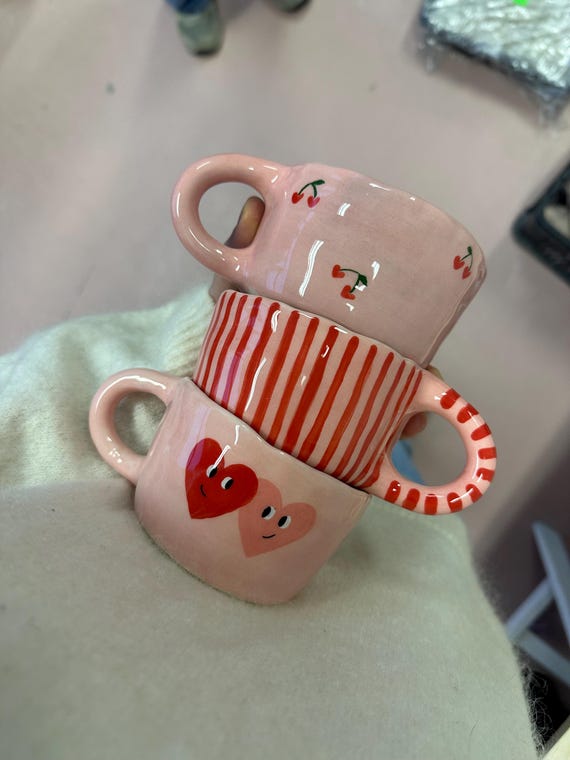 Handgemachte Baby rosa Keramik-Tasse - rot gestreifte Keramik-Tasse
