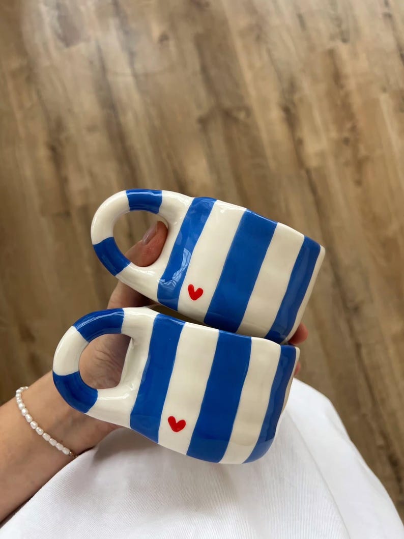 White Ceramic Mug With Hand-painted Blue Stripes and Heart- Unique Handmade Pottery Cup - Cute Aesthetic Clay Coffee Mug With Red Heart