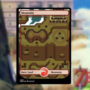 May include: A "Mountain" card from a trading card game, featuring a pixelated landscape with a snowy area and a building. The card has a red and white emblem and the text "Basic Land" and "Mountain".