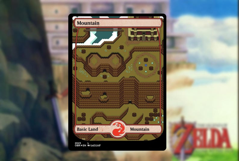 May include: A "Mountain" card from a trading card game, featuring a pixelated landscape with a snowy area and a building. The card has a red and white emblem and the text "Basic Land" and "Mountain".