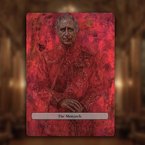May include: A portrait of a man in a red uniform, with the text "The Monarch" at the bottom. The artwork has a textured, painterly style with a predominantly red colour palette.