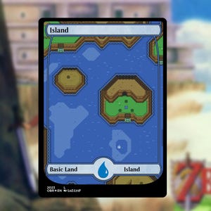 May include: A trading card featuring an island map design. The card has a blue water background with brown and green landmasses. The text "Island" and "Basic Land" are displayed on the card.