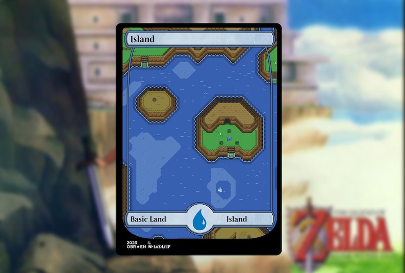 May include: A trading card featuring an island map design. The card has a blue water background with brown and green landmasses. The text "Island" and "Basic Land" are displayed on the card.