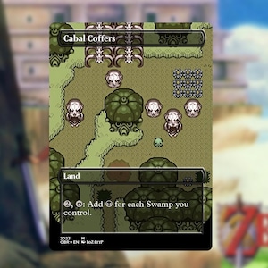 May include: A fantasy-themed card with a green and tan landscape, featuring skull-like figures and a large, pumpkin-shaped structure. The card is labeled "Cabal Coffers" and "Land", with text indicating game mechanics. The background is blurred.
