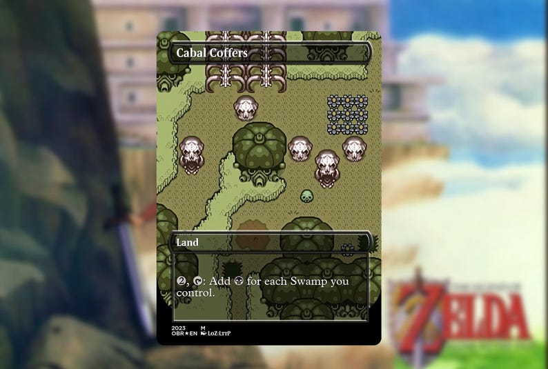 May include: A fantasy-themed card with a green and tan landscape, featuring skull-like figures and a large, pumpkin-shaped structure. The card is labeled "Cabal Coffers" and "Land", with text indicating game mechanics. The background is blurred.