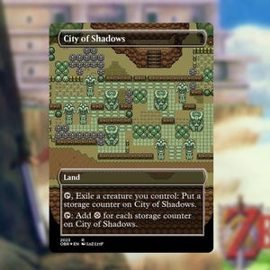 May include: A trading card featuring a pixelated map of a city with the text "City of Shadows". The card has a green and brown color scheme with the word "Land" at the bottom. The card also has text describing its function.
