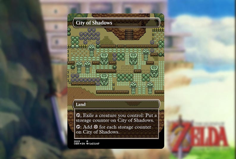 May include: A trading card featuring a pixelated map of a city with the text "City of Shadows". The card has a green and brown color scheme with the word "Land" at the bottom. The card also has text describing its function.