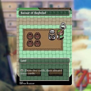 May include: A digital card game scene titled "Bazaar of Baghdad" with a top-down view. The scene includes a character in green and brown clothing, a character in white clothing, and several brown objects. The text "Draw two cards, then discard three cards" is visible.