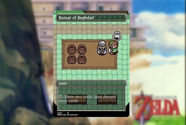 May include: A digital card game scene titled "Bazaar of Baghdad" with a top-down view. The scene includes a character in green and brown clothing, a character in white clothing, and several brown objects. The text "Draw two cards, then discard three cards" is visible.