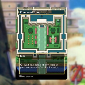 May include: A Magic: The Gathering card featuring a top-down view of a Command Tower, with green and pink landscaping. The card has text that reads "Land" and "Add one mana of any color in your commander's color identity."
